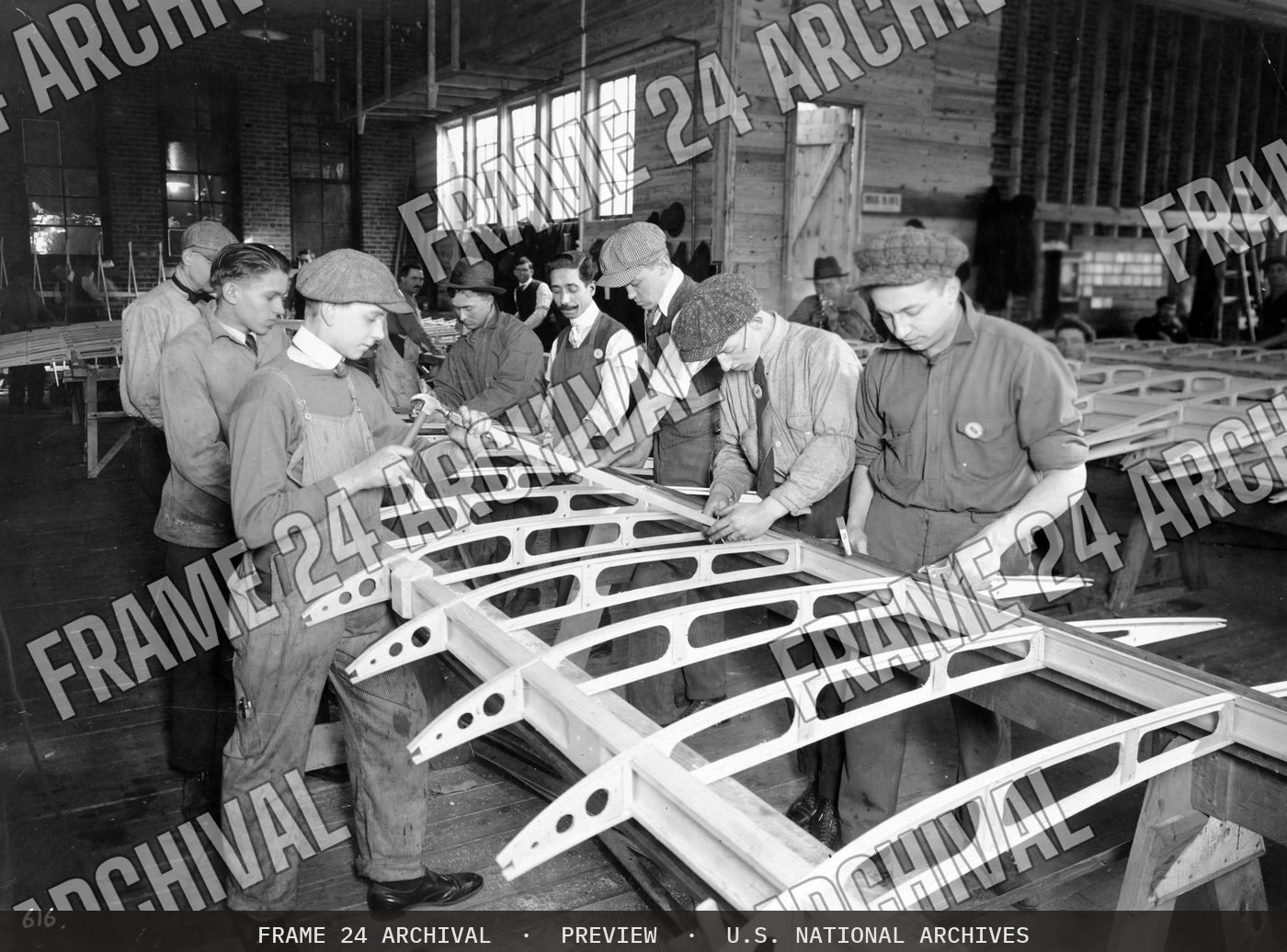 111-SC-616 - Airplane production - Assembling ribs for airplane wings, restored vintage black and white photograph