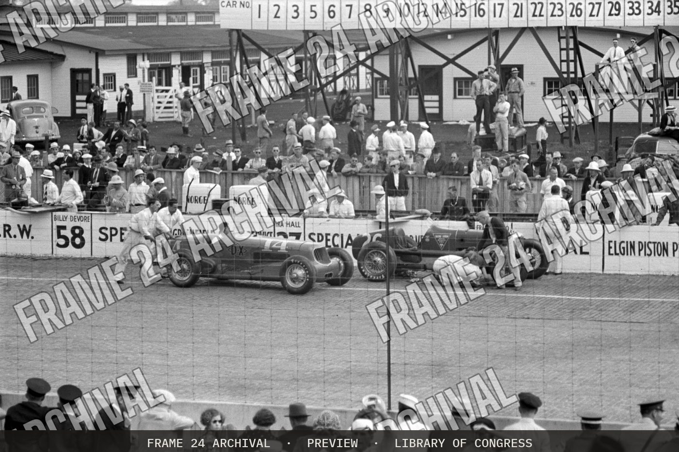 Automobile races, Indianapolis, Indiana (1938), restored vintage black and white photograph