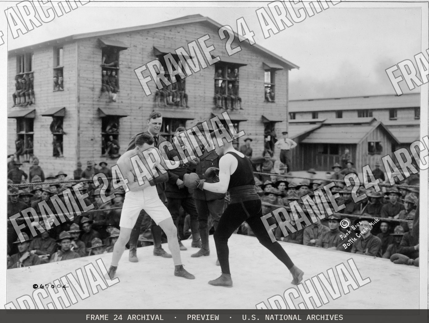 Boxing, Camp Custer, Mich, restored vintage black and white photograph