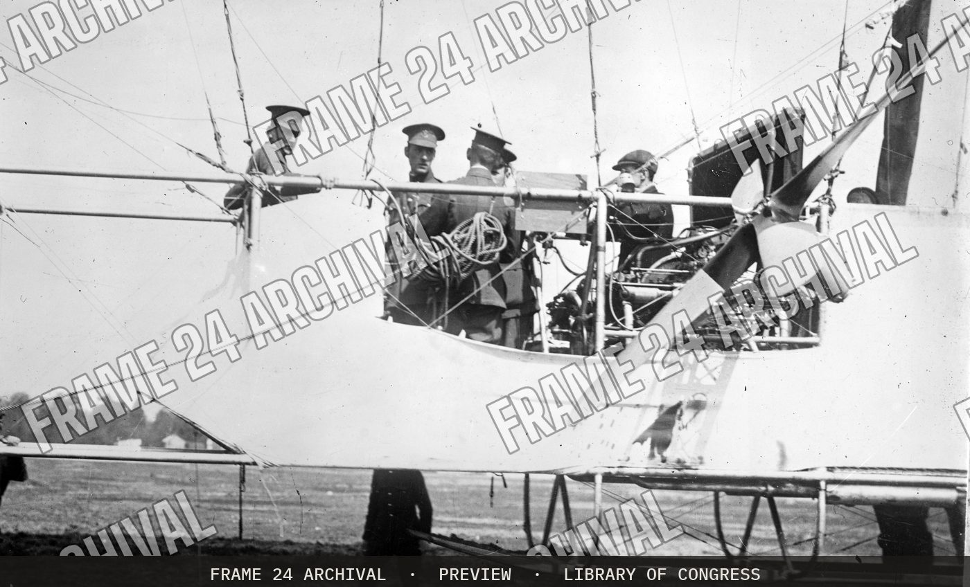 Car of British Airship GAMMA (1910), restored vintage black and white photograph