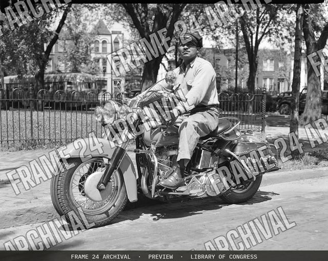 Charles Farrar on motorcycle, May, vintage black and white photograph