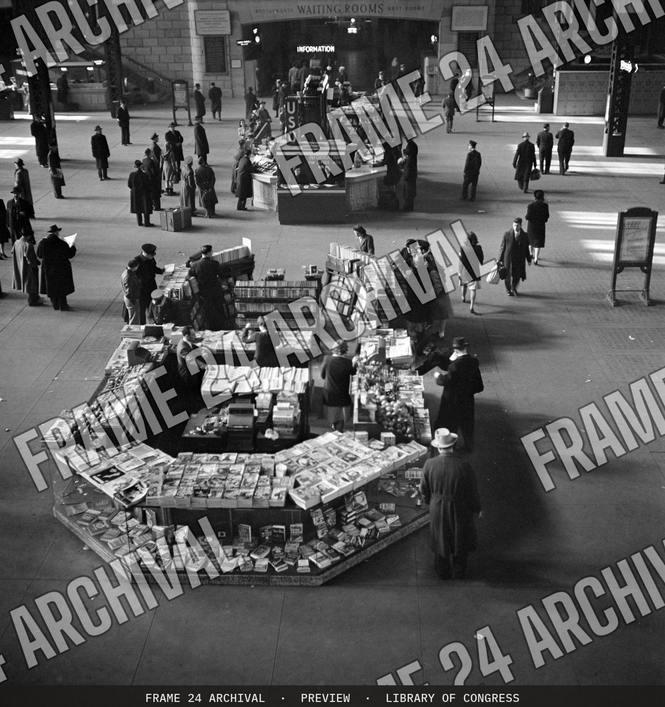 Chicago, Illinois. Newsstand in Union Station train concourse (1943), restored vintage black and white photograph