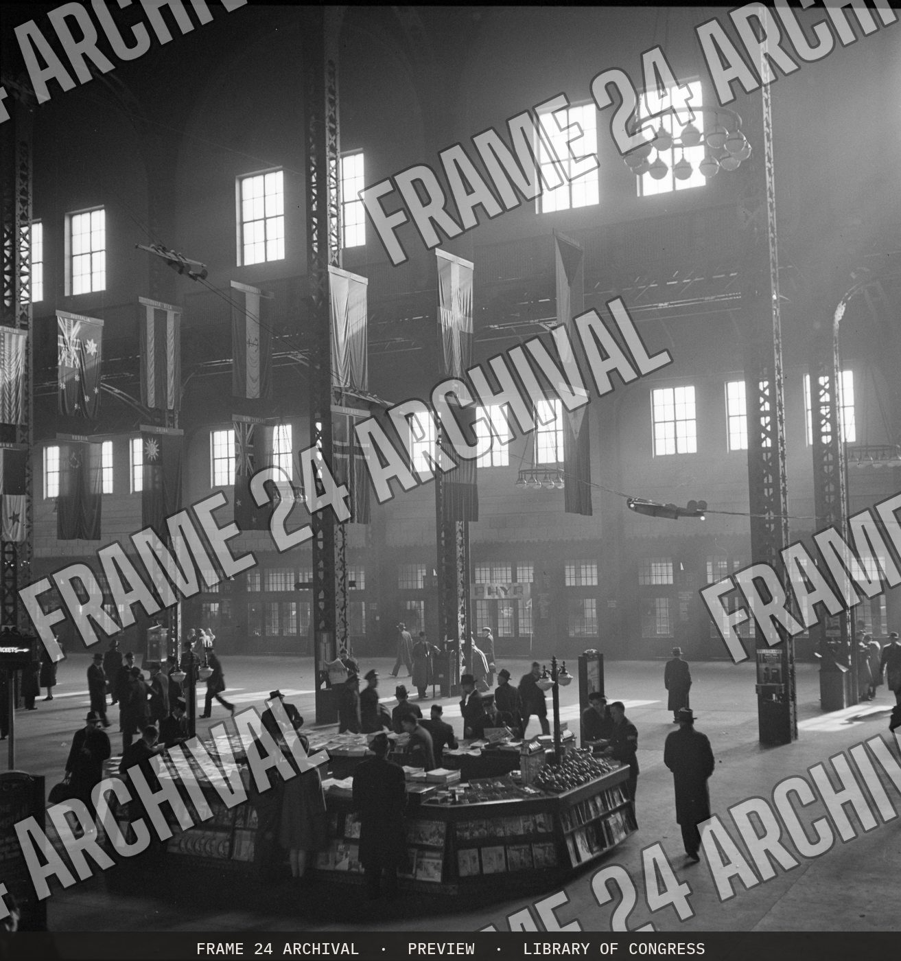 Chicago, Illinois. Union Station train concourse (1943), restored vintage black and white photograph