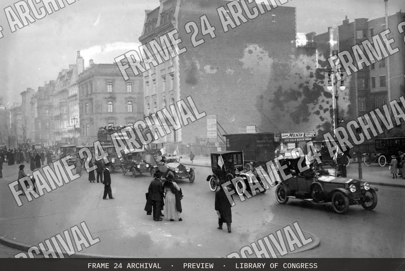 City street view (1915), restored vintage black and white photograph