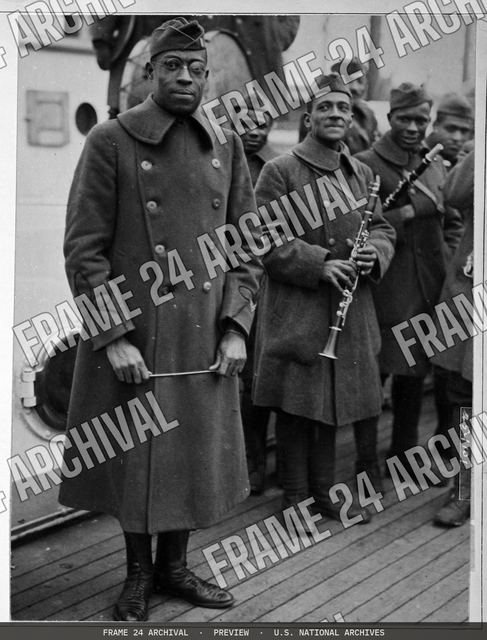 Colored Troops - Colored Jazz Band and Leader back with Colored 15th New York, vintage black and white photograph