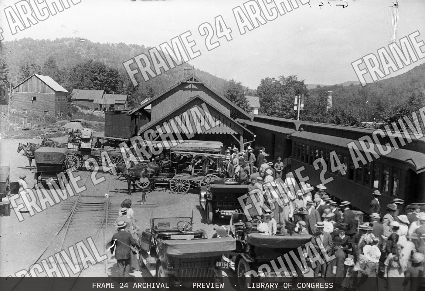 Commuters at train station, upstate New York (1900), restored vintage black and white photograph