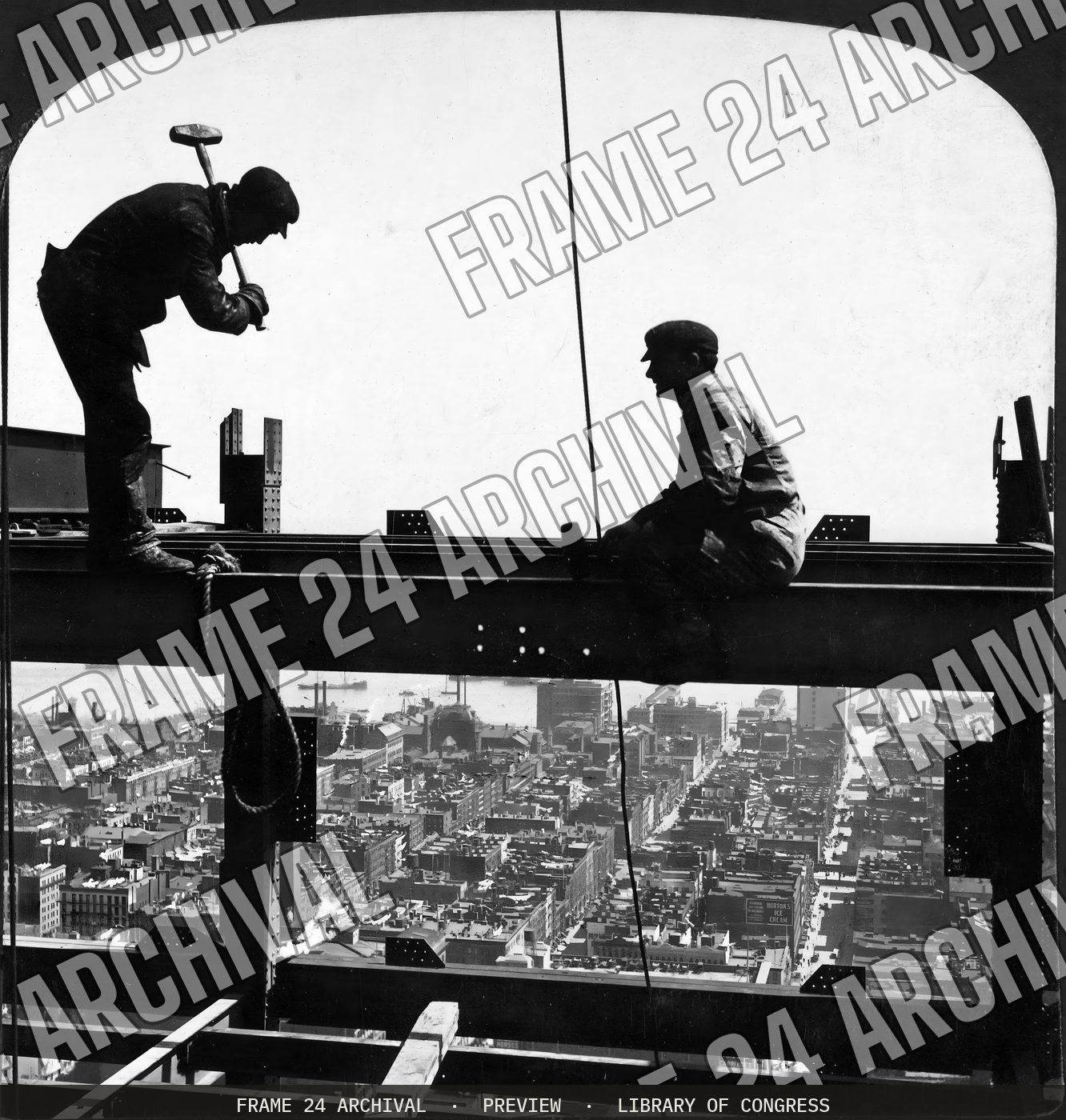 Construction men at work in great steel frame of Metropolitan Tower, looking toward East River, New York, U.S.A (1908), restored vintage black and white photograph
