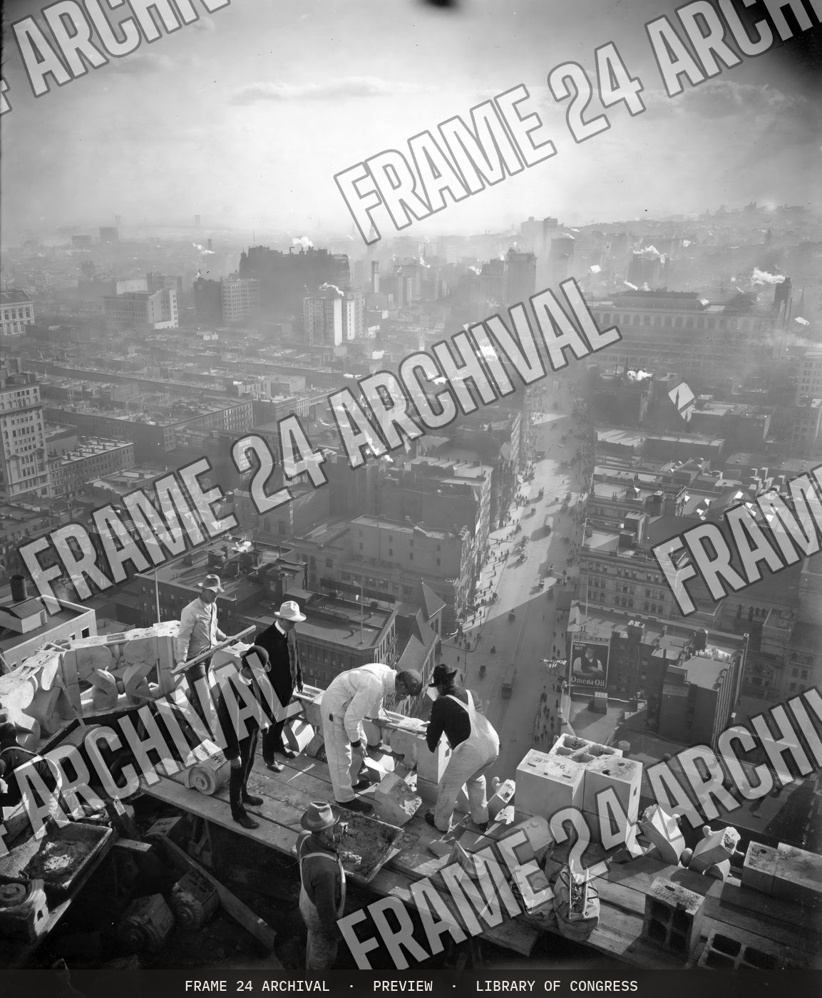 Construction work atop NYC skyscraper (1905), restored vintage black and white photograph