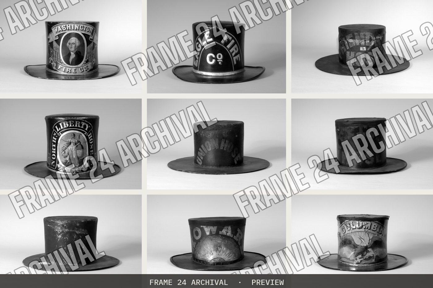 Fire Company Hat (1810–1860), restored vintage black and white photograph