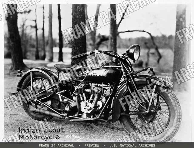 Indian Scout Motorcycle, Mechanized Force, Ft. Eustis, Virginia, vintage black and white photograph
