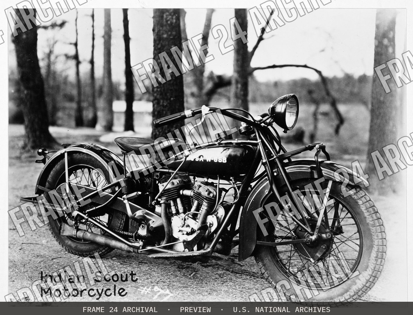 Indian Scout Motorcycle, Mechanized Force, Ft. Eustis, Virginia (1931), restored vintage black and white photograph