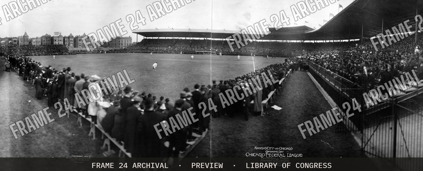 Kansas City vs. Chicago, opening day, Chicago, Federal League, baseball park, Addison & Clark Sts., April 23, 1914, attendance 28,436 (1914), restored vintage black and white photograph