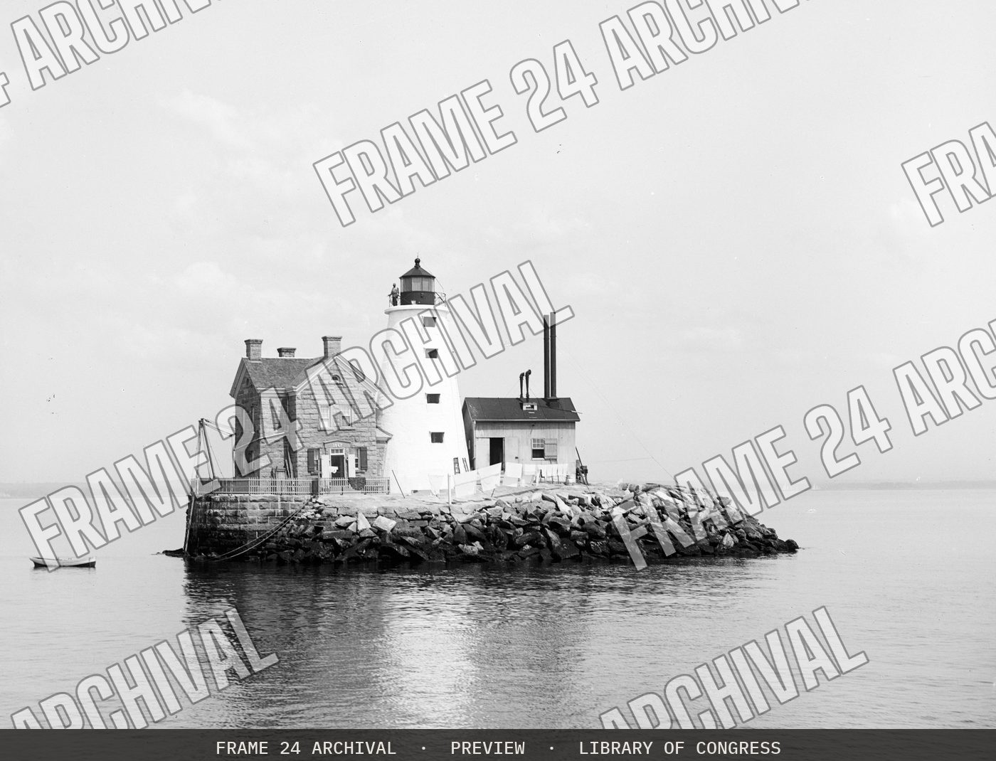 Lighthouse on island (1896), restored vintage black and white photograph