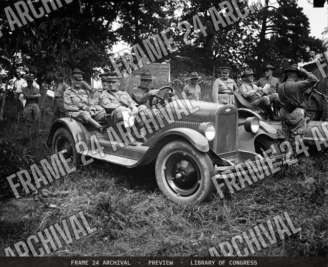 Military automobiles, vintage black and white photograph