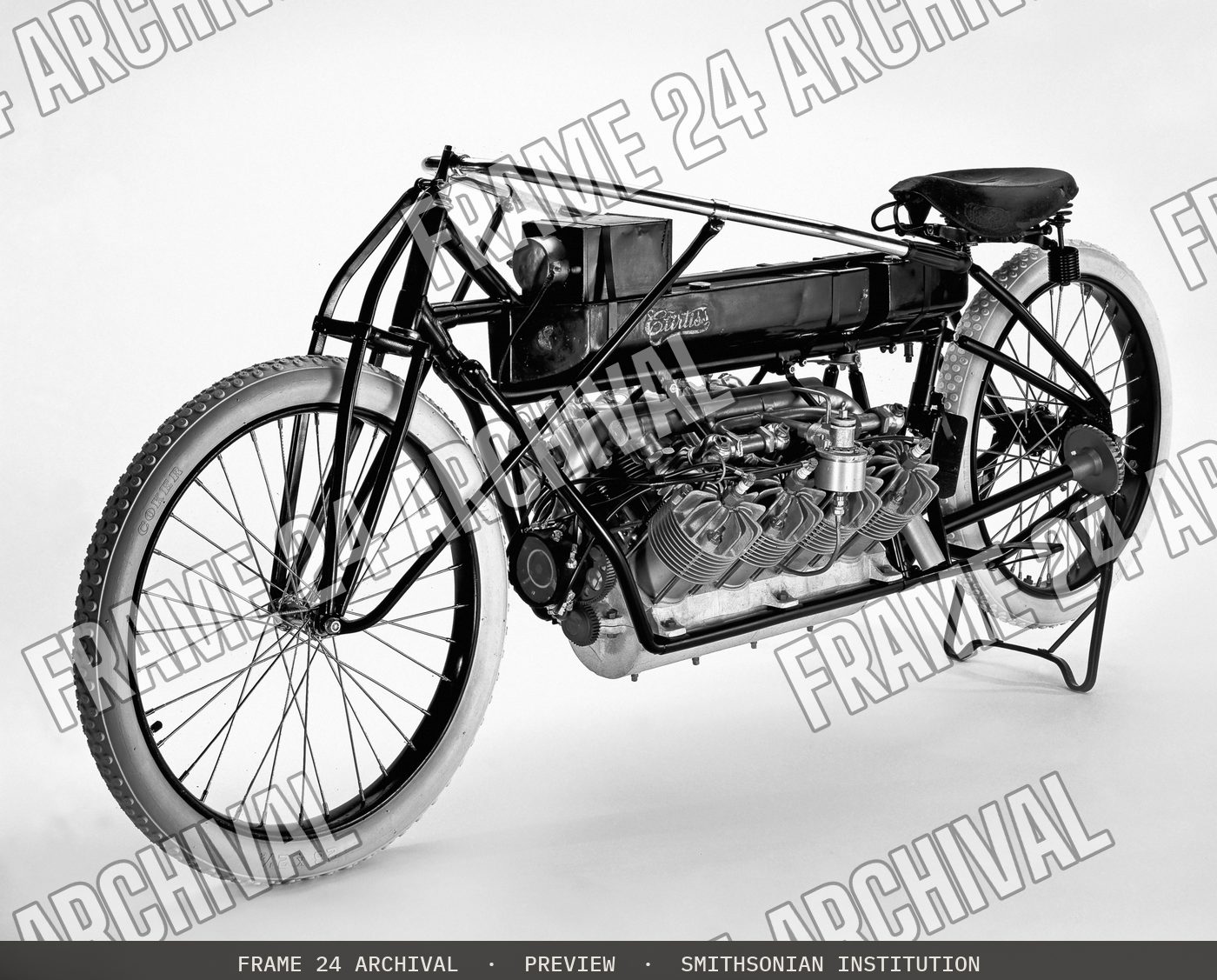 Motorcycle, Curtiss V-8 (1907), restored vintage black and white photograph