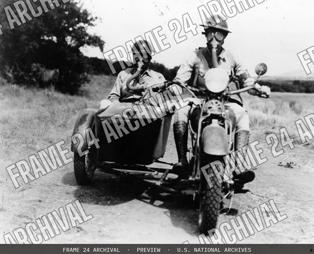 Motorcycle Reconnaissance Entering Gassed Area, vintage black and white photograph