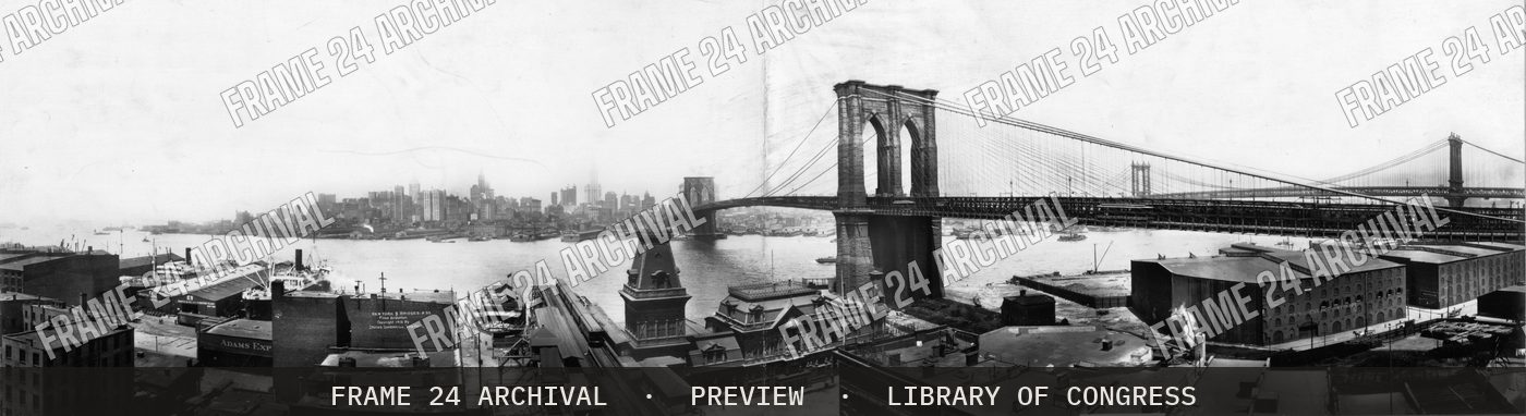 New York & bridges from Brooklyn (1913), restored vintage black and white photograph