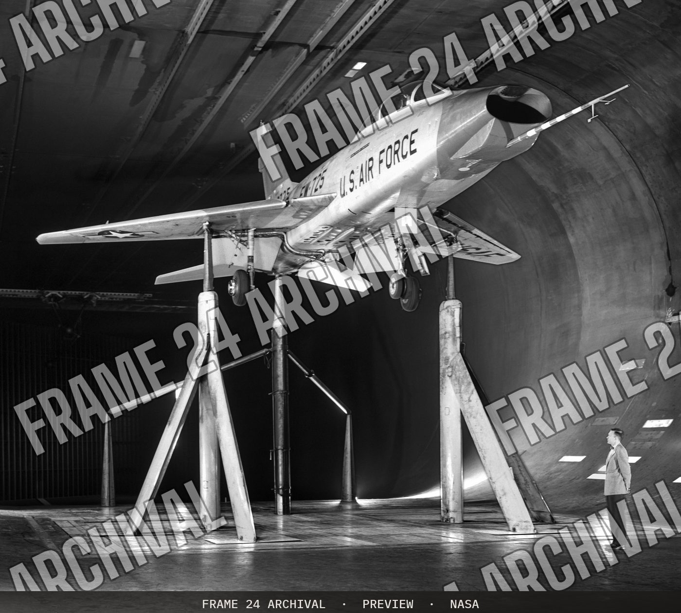 North American Aviation F-100 in the Ames 40x80 Foot Wind Tunnel (1959), restored vintage black and white photograph