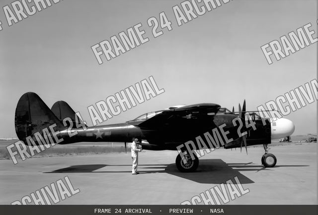 P-61A Airplane at NACA Ames Research Center, Moffett Field, California, vintage black and white photograph