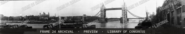 Panoramic view of Tower of London & Tower Bridge, vintage black and white photograph