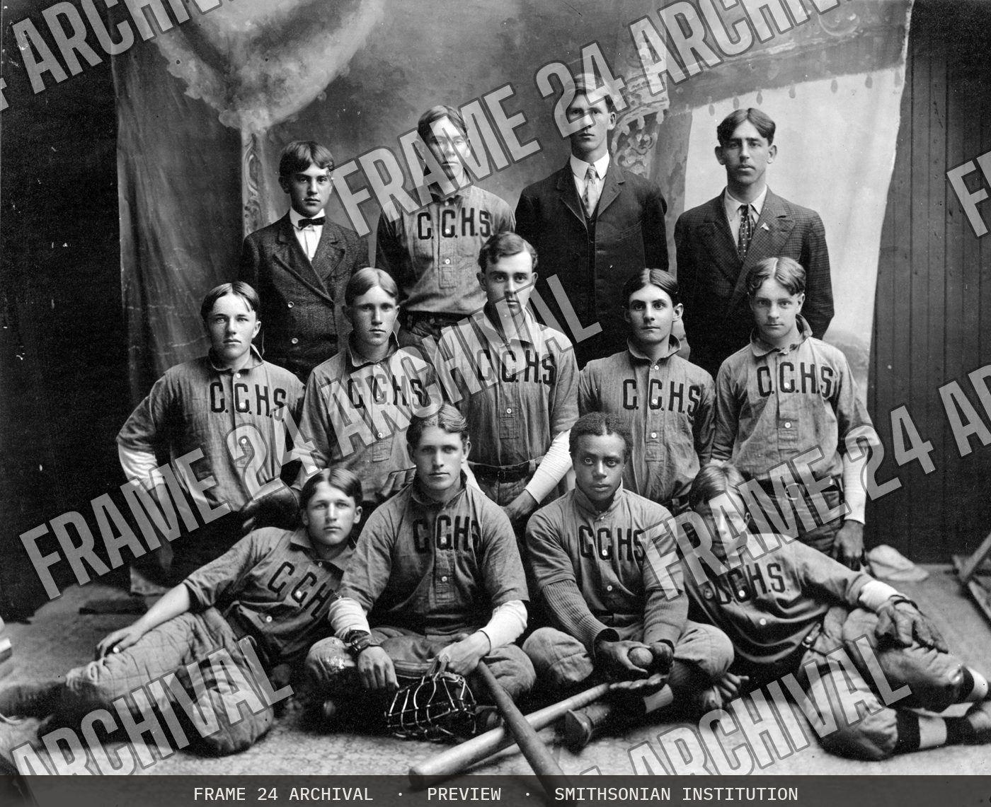 Photograph of Chase County High School (Kansas) baseball team (1907), restored vintage black and white photograph