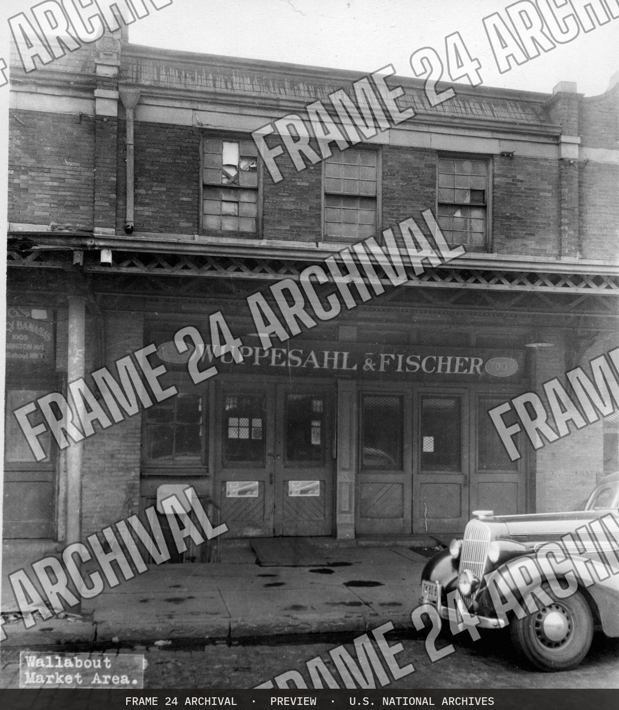 Photograph of exterior Wallabout Market, D. P. 14, Bl. 2024, Lot 172, 1006 Washington Ave (1941), restored vintage black and white photograph