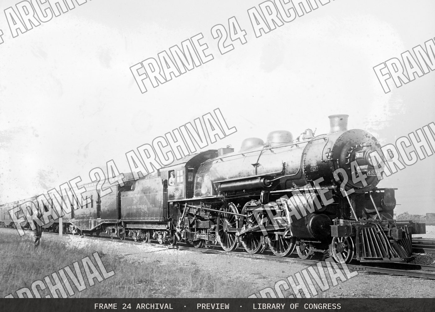 Railroad locomotive (1909), restored vintage black and white photograph