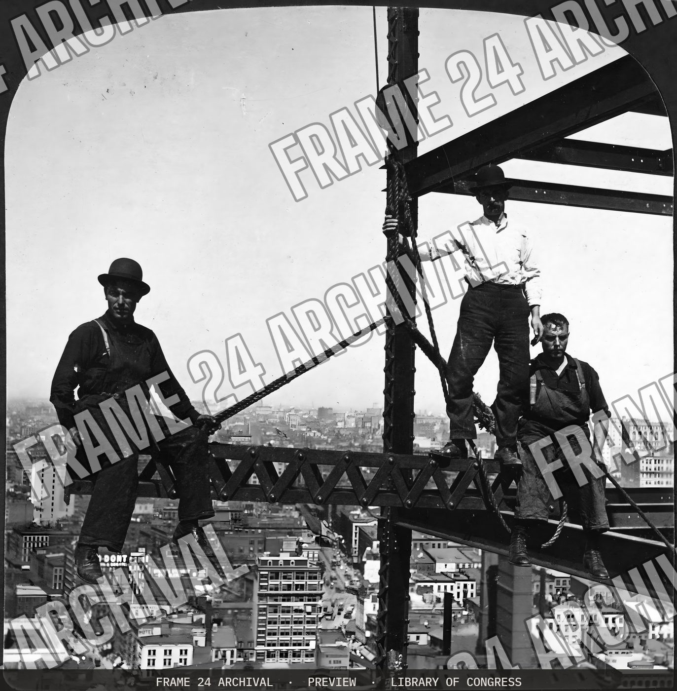Sailors on land--agile construction men on a suspended iron section, 200 ft. above ground, New York (1907), restored vintage black and white photograph