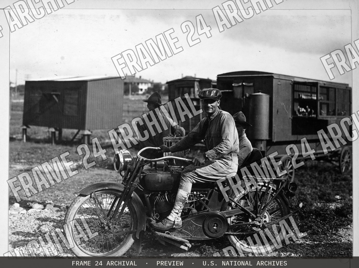Signal Corps Apparatus. Motorcycle used to carry pigeon basket, restored vintage black and white photograph