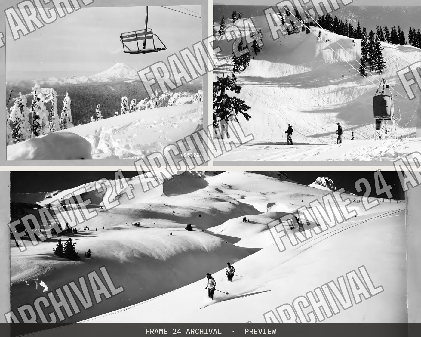 Skiing Lifts, restored vintage black and white photograph
