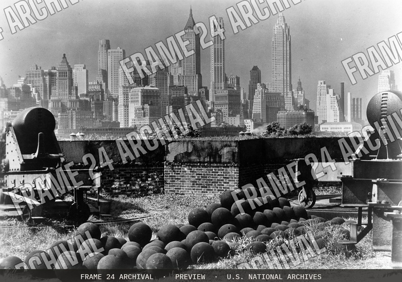 Skyline of New York City, from Governor's Island, New York (1933), restored vintage black and white photograph