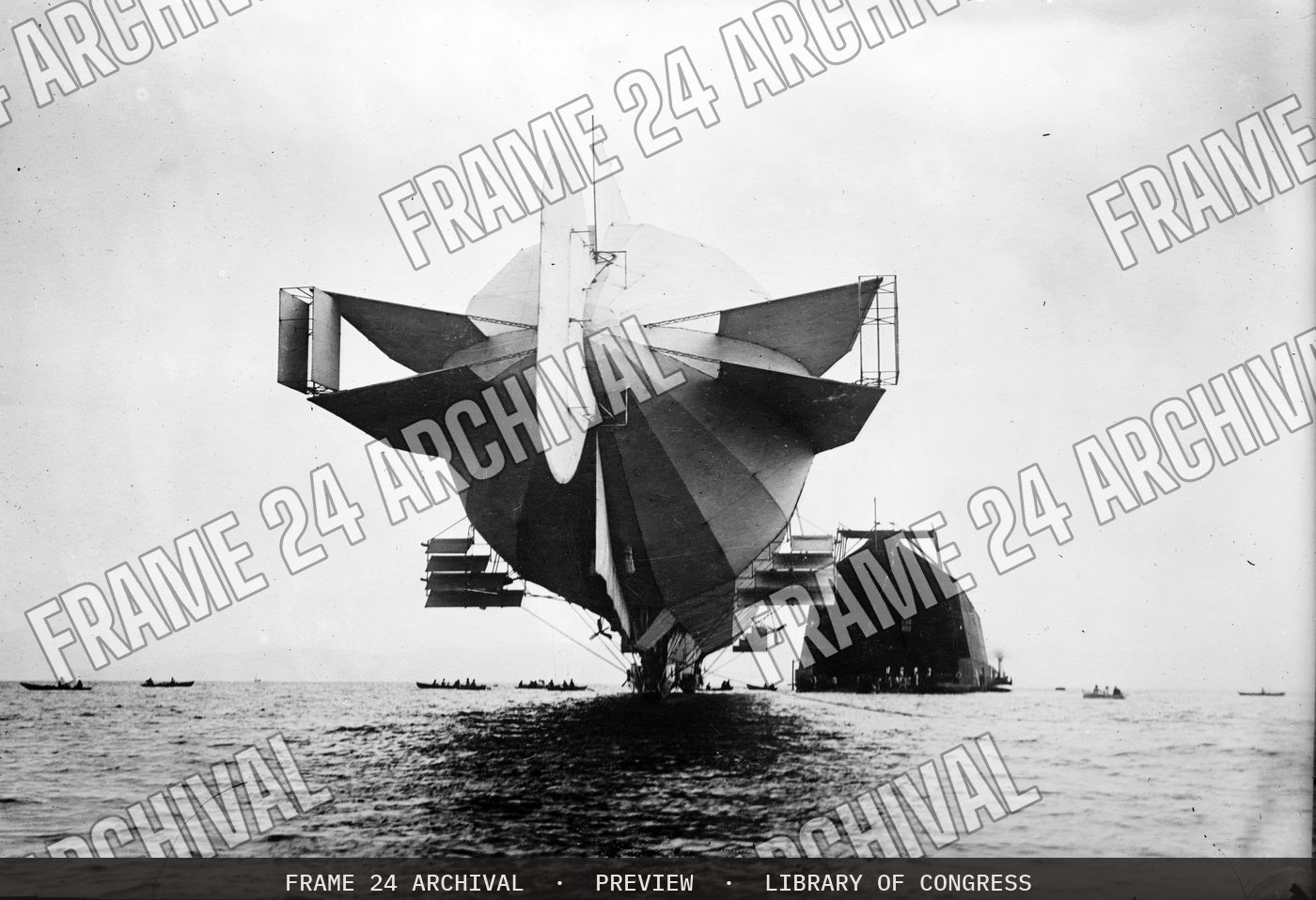 Stern of Zeppelin airship (1908), restored vintage black and white photograph