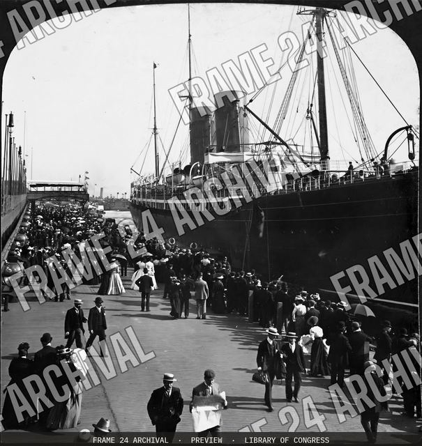 The ocean steamship landing-stage, Liverpool, England, vintage black and white photograph