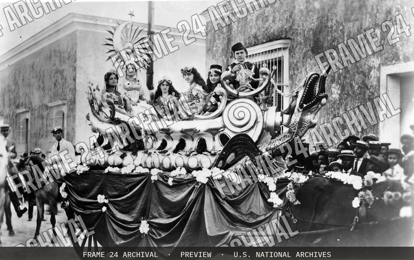 The Queen's Chariot in the Carnival (1908), restored vintage black and white photograph