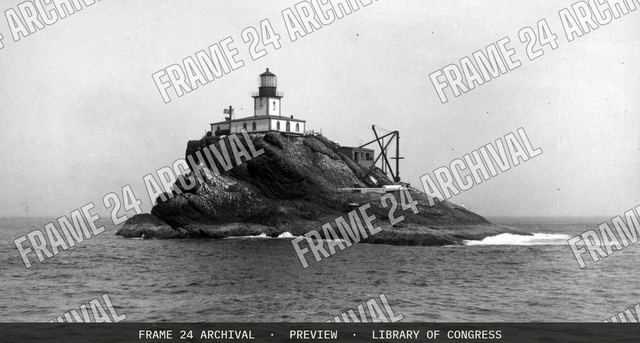 Tillamook Rock and lighthouse, vintage black and white photograph