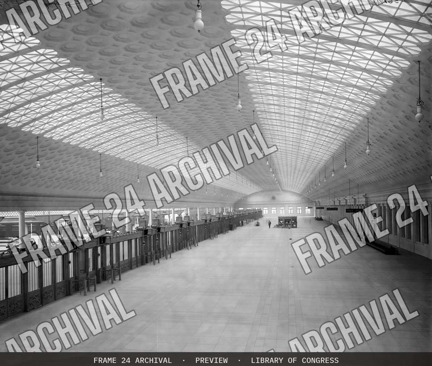 Train concourse, Union Station, Washington, D.C (1905), restored vintage black and white photograph