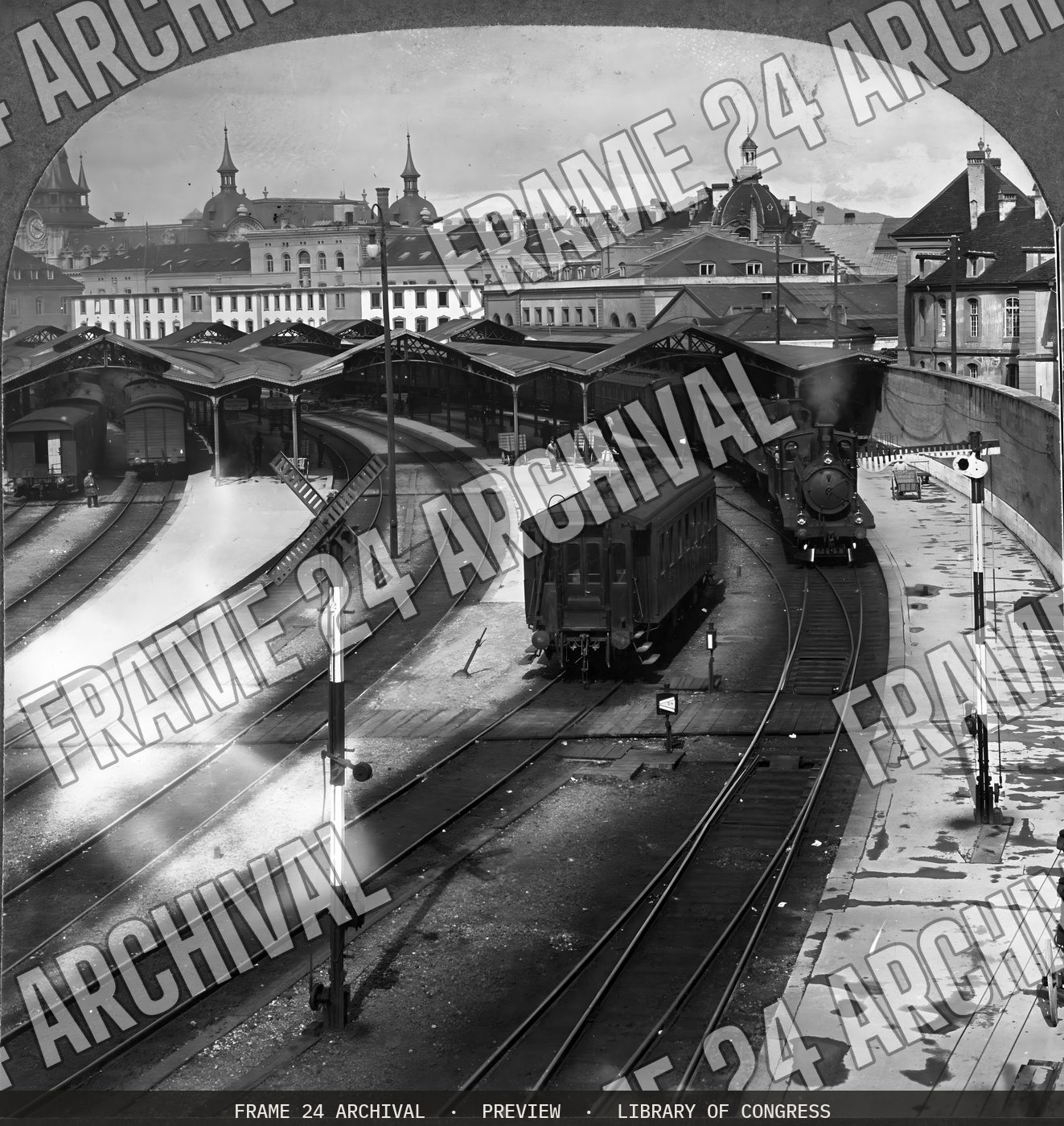 Train sheds, railway station, Berne, Switzerland (1908), restored vintage black and white photograph