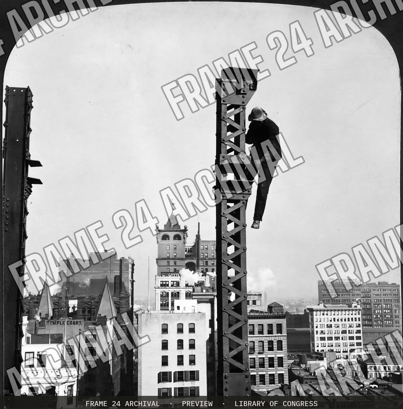 Two hundred feet in mid air and no time to look at scenery - at work on new skyscraper, New York, U.S.A (1906), restored vintage black and white photograph