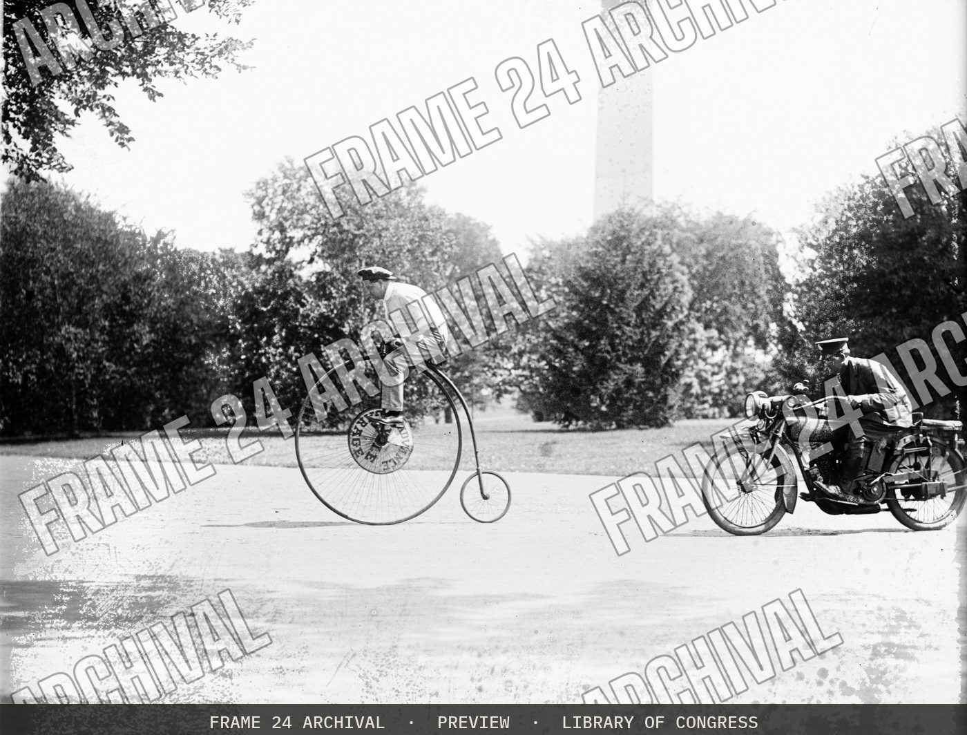Velocipede and motorcycle (1921), restored vintage black and white photograph