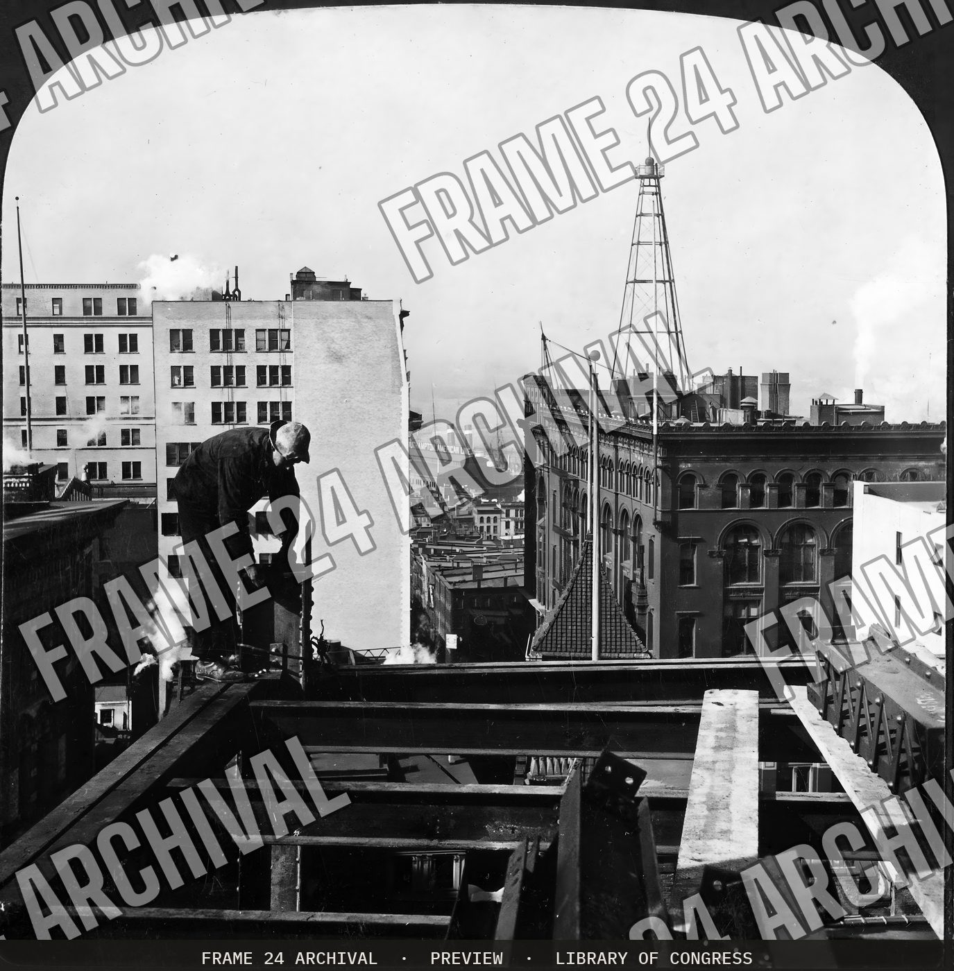 Where a step backward would mean eternity -- working on a skyscraper, New York, U.S.A (1906), restored vintage black and white photograph
