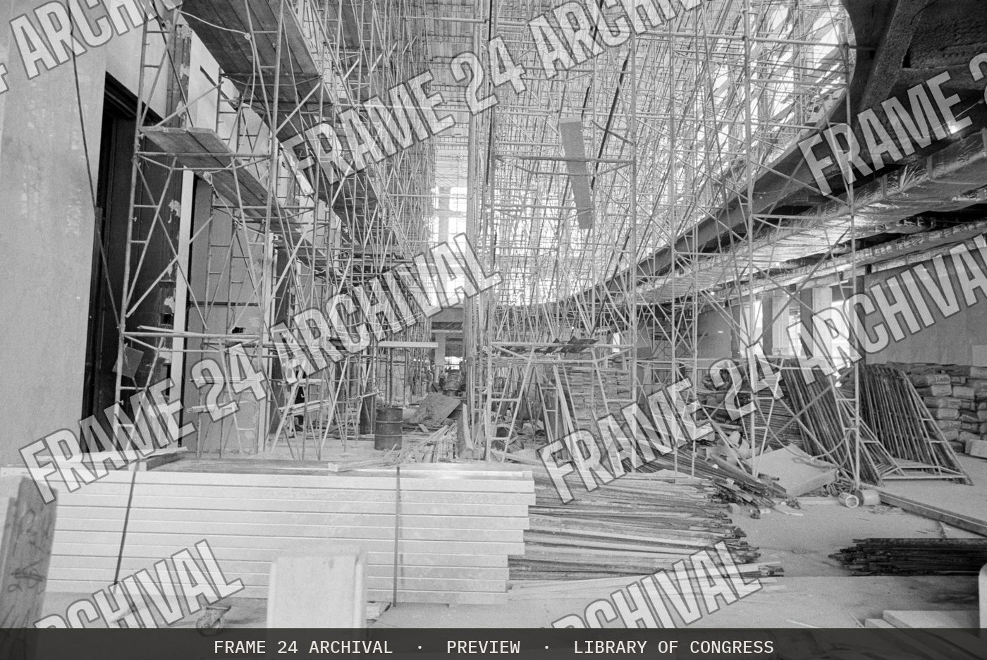 World Trade Center, New York City, lobby under construction (1971), restored vintage black and white photograph